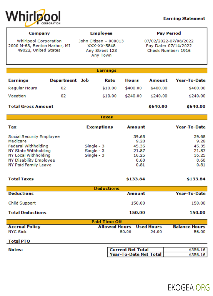 Bulletin de paie de la société commerciale USA Whirlpool Corporation